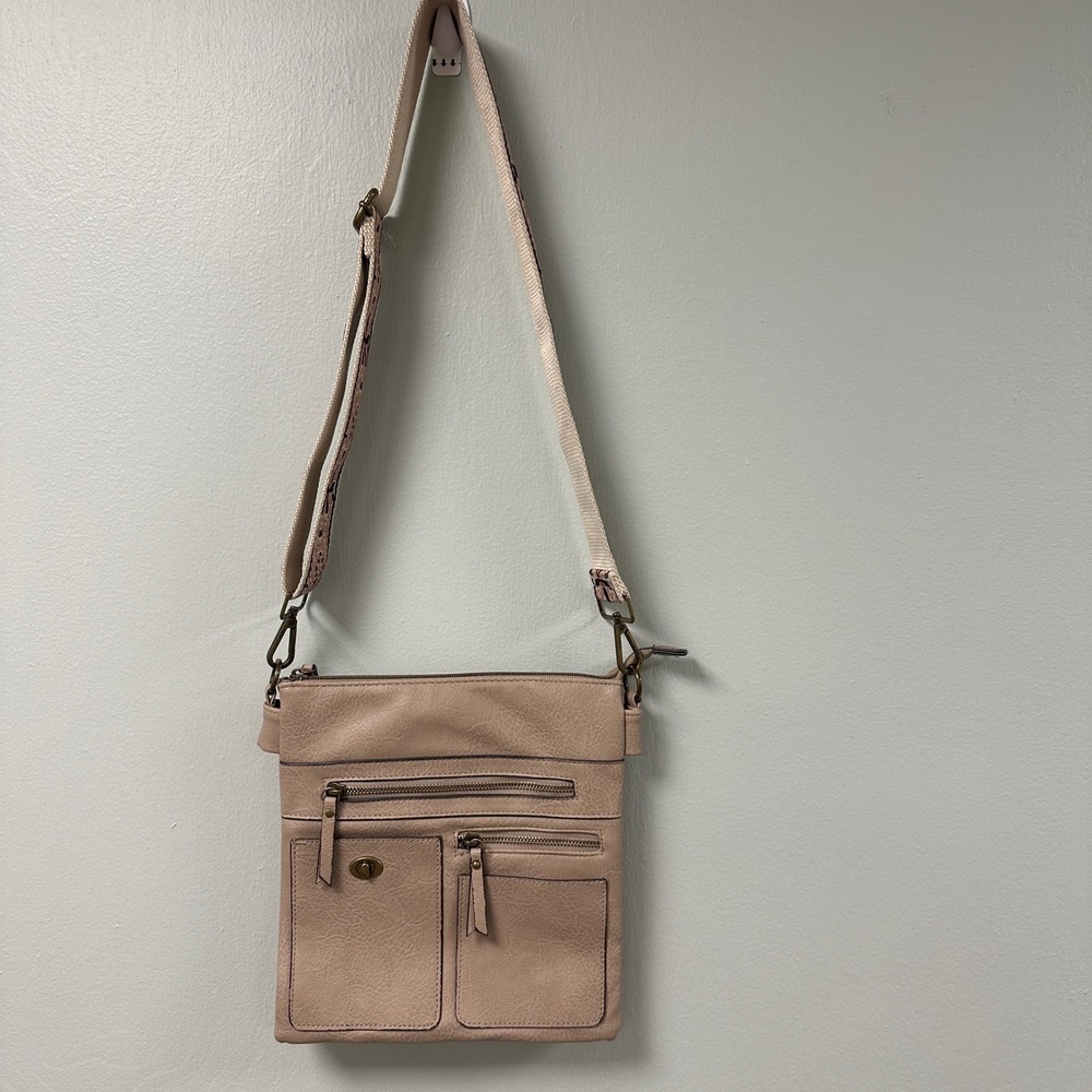 Taupe Faux Leather Crossbody Bag with Embroidered Floral‎ Guitar Strap Organizer